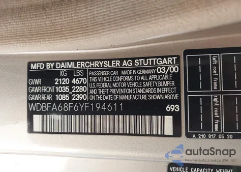 2000 Mercedes-Benz Sl 500 z USA, uszkodzony, nr VIN WDBFA68F6YF194611